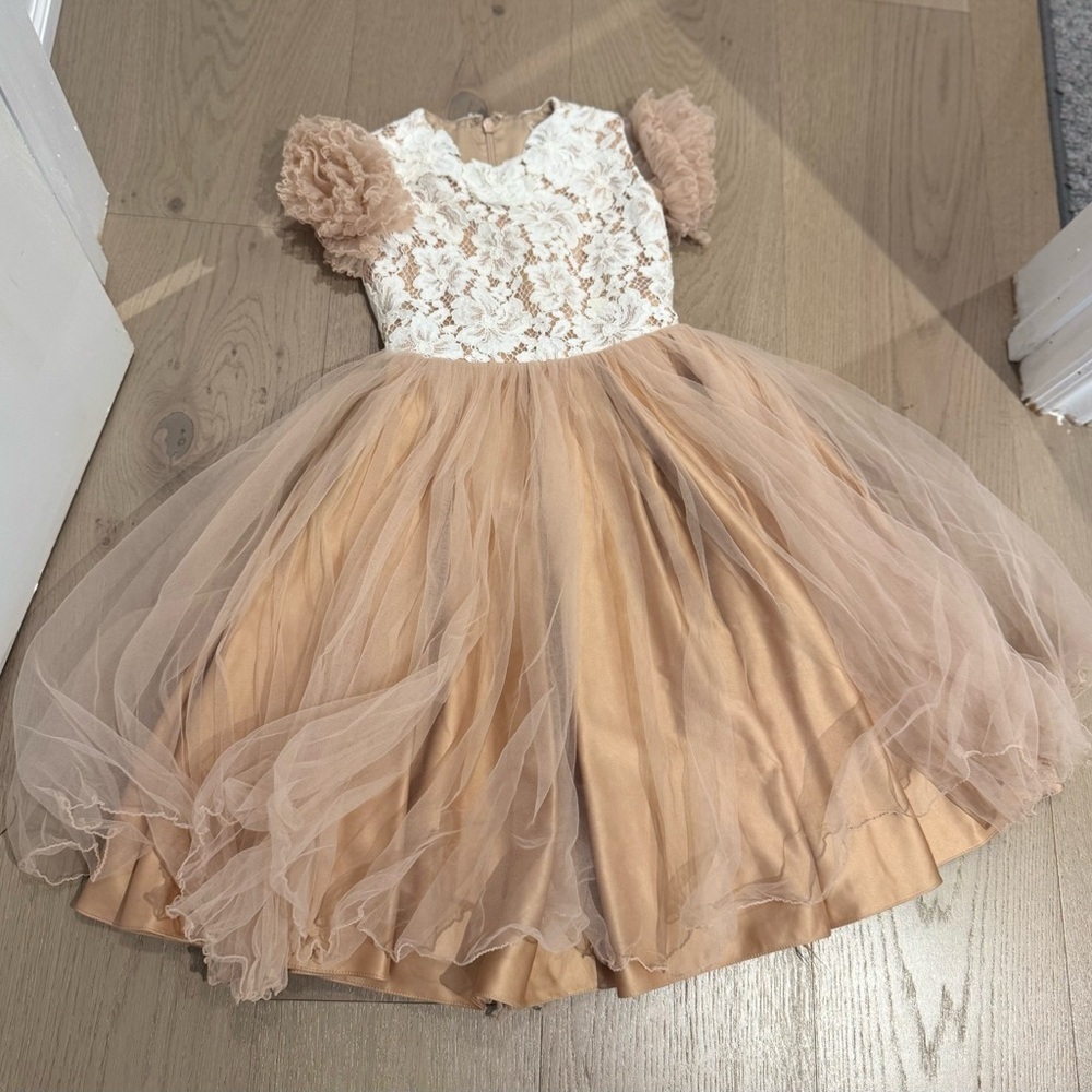 Elegant Toddler Lace and Tulle Dress in Cream and Tan